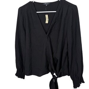 NWT Madewell Black Gingham Tie Front Long Sleeve Top Blouse Button Faux Wrap Med